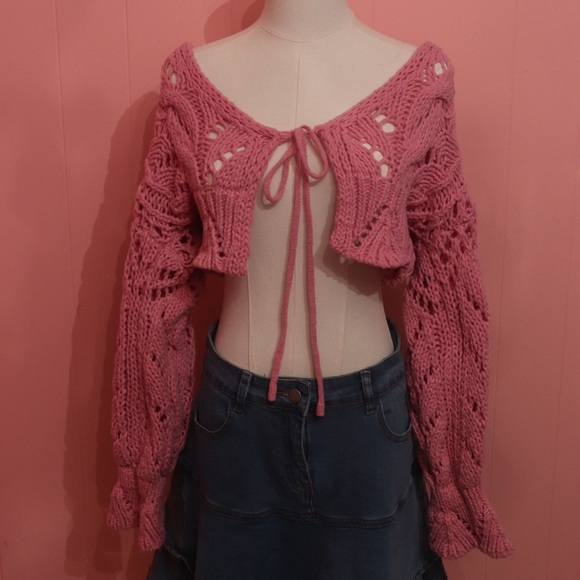 🌸 Storia Pink Crochet Knit Tie-Front Cardigan – Size Medium 🌸 - Picture 2 of 6